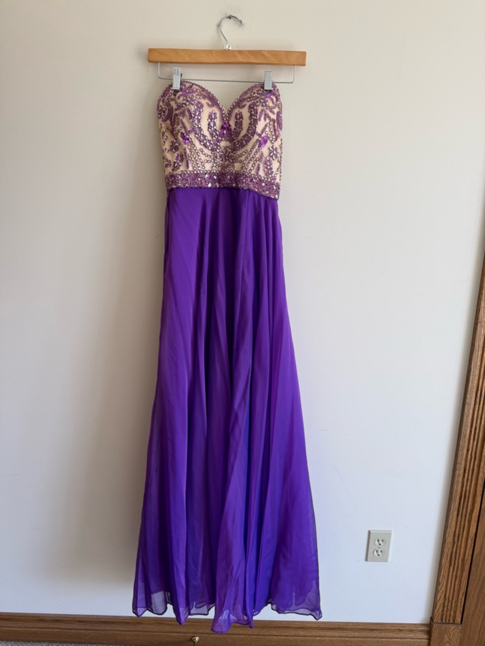 Tiffany Designs Strapless Purple Chiffon Gown with Beaded Bodice